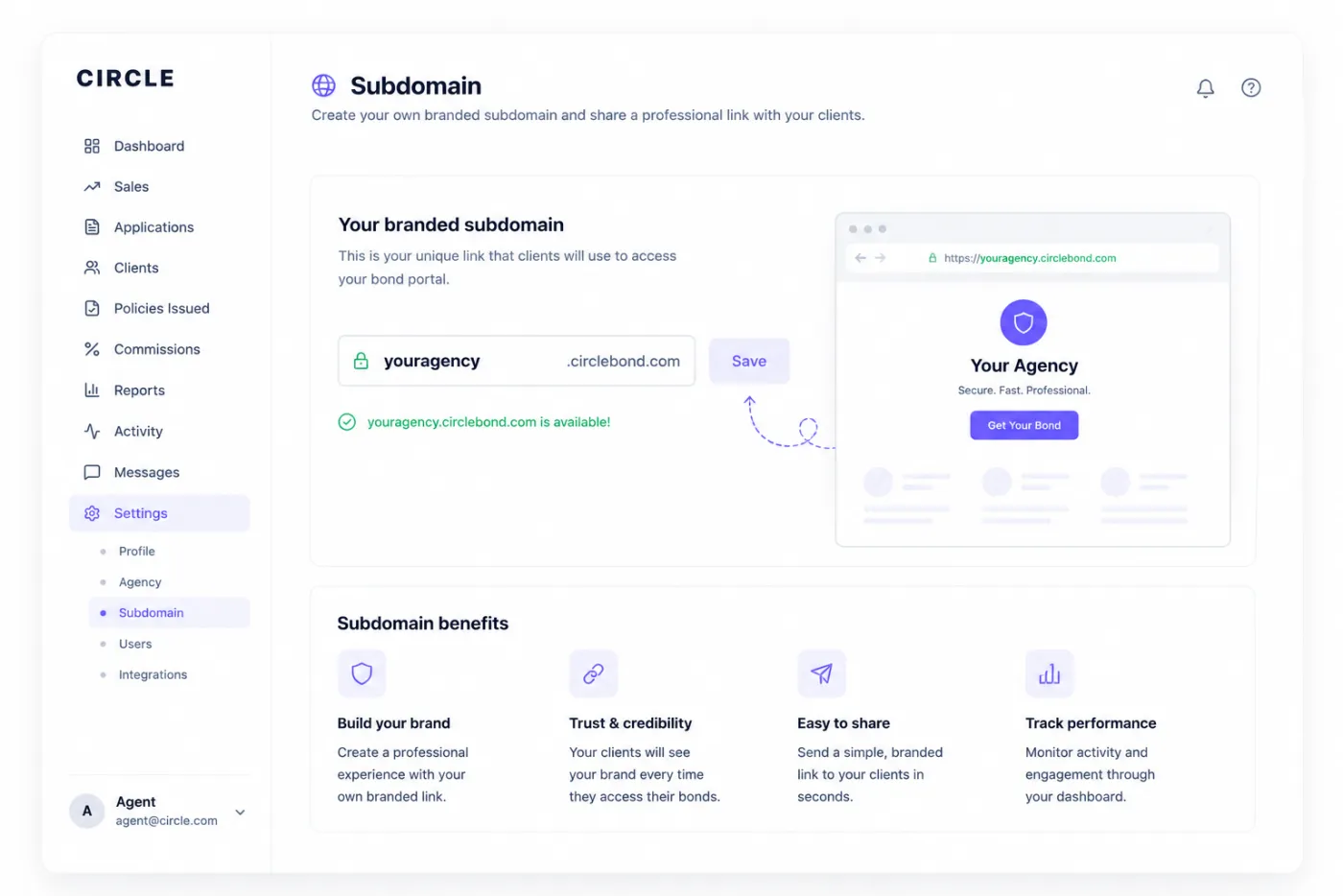 Branded subdomain settings in the Circle Surety dashboard