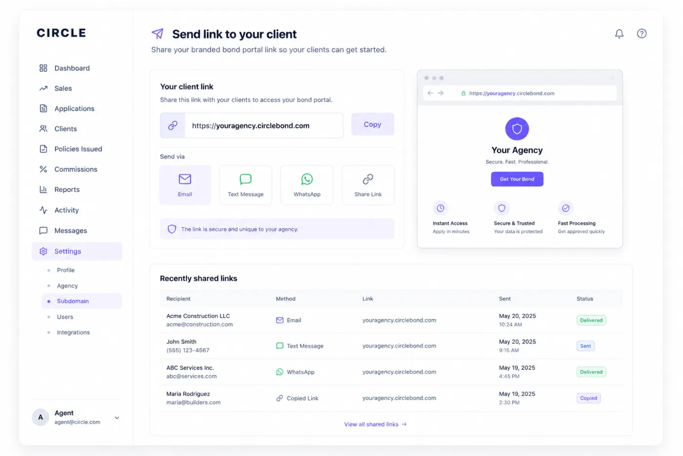 Client link sharing panel in the Circle Surety dashboard
